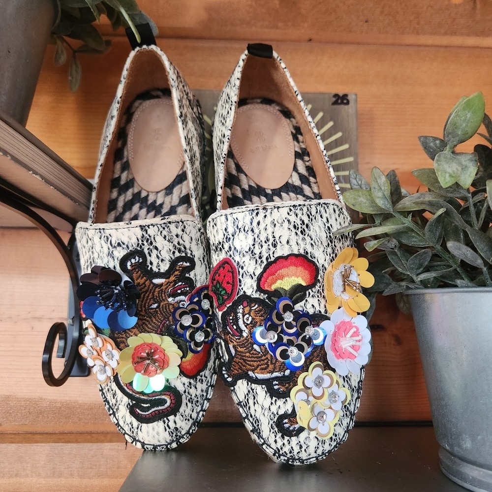 Bill Blass Anthropologie Sutton Espadrille Flats Snake Bead Floral Boho Art 7.5